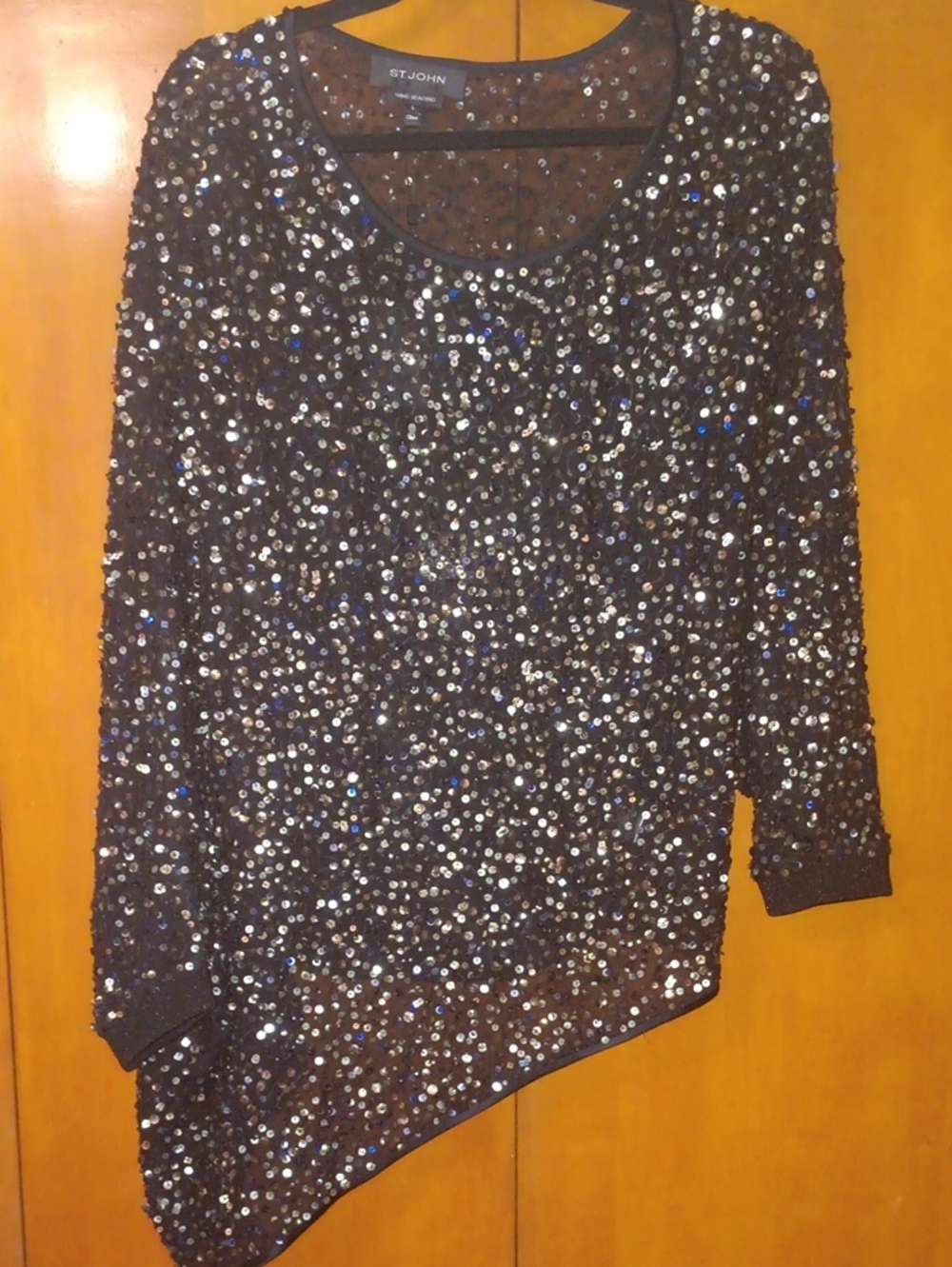 St. John Black Sequin Asymmetric Scoop Neck Top